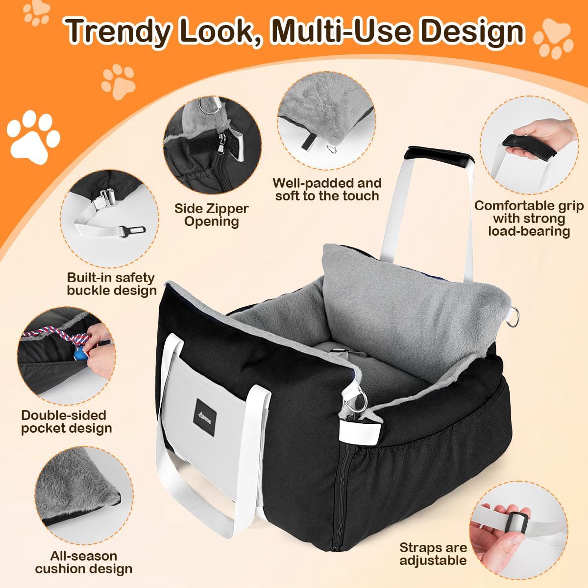 Dog Car Seat for Small Dogs with Extension Zone, Washable Car Travel Bed for Pets Up to 30Lbs, Trendy Booster Dog Seat Including Harness Clip - Black