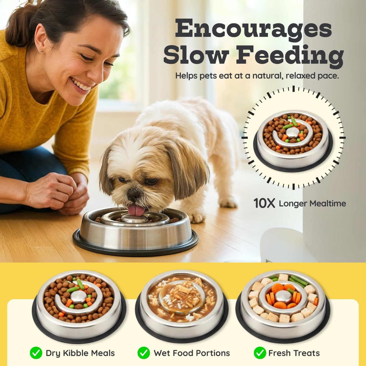 9.5 oz Slow Feeder Dog Bowls, 1 Cup Capacity Spiral Style Stainless Steel Small Dogs & Cats Food Dishes for Fast Eaters, Nonslip Durable Feeding Puzzle Bowl | Slo Down Eating for 10–35lbs