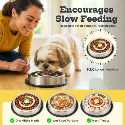 9.5 oz Slow Feeder Dog Bowls, 1 Cup Capacity Spiral Style Stainless Steel Small Dogs & Cats Food Dishes for Fast Eaters, Nonslip Durable Feeding Puzzle Bowl | Slo Down Eating for 10–35lbs