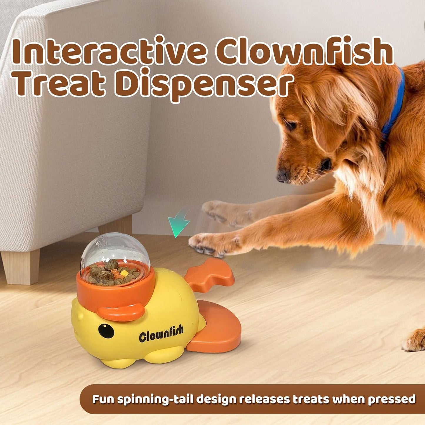 Interactive Clownfish Dog Treat Dispenser Toy with Spinning Tail, Puzzle Slow Feeder for Dogs & Cats, Treat Dispensing Food Puzzle Feeder, Includes Cleaning Cloth & Brush (Blue)