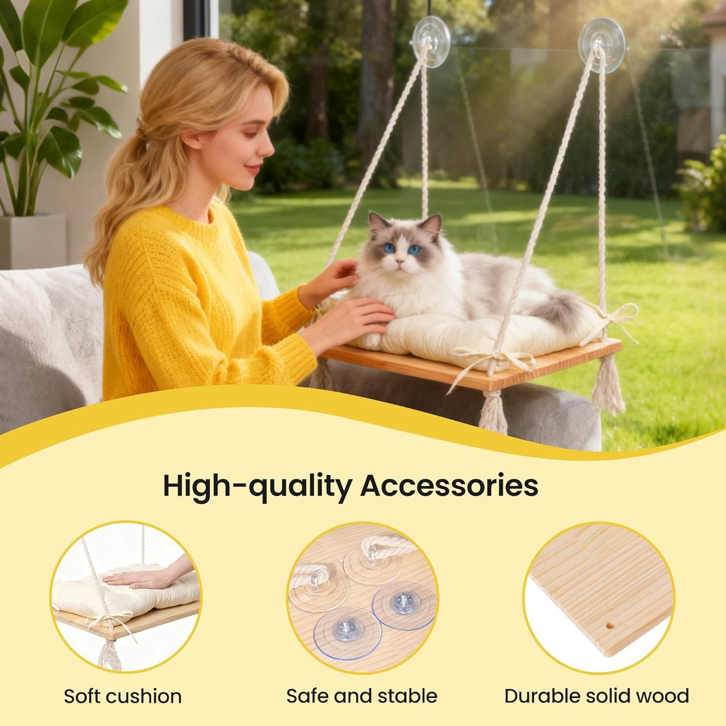 Cat Window Perch, Suction Cup Window Hammock Seat Beds for Indoor Cats with Soft Cushion and Solid Pine Wood