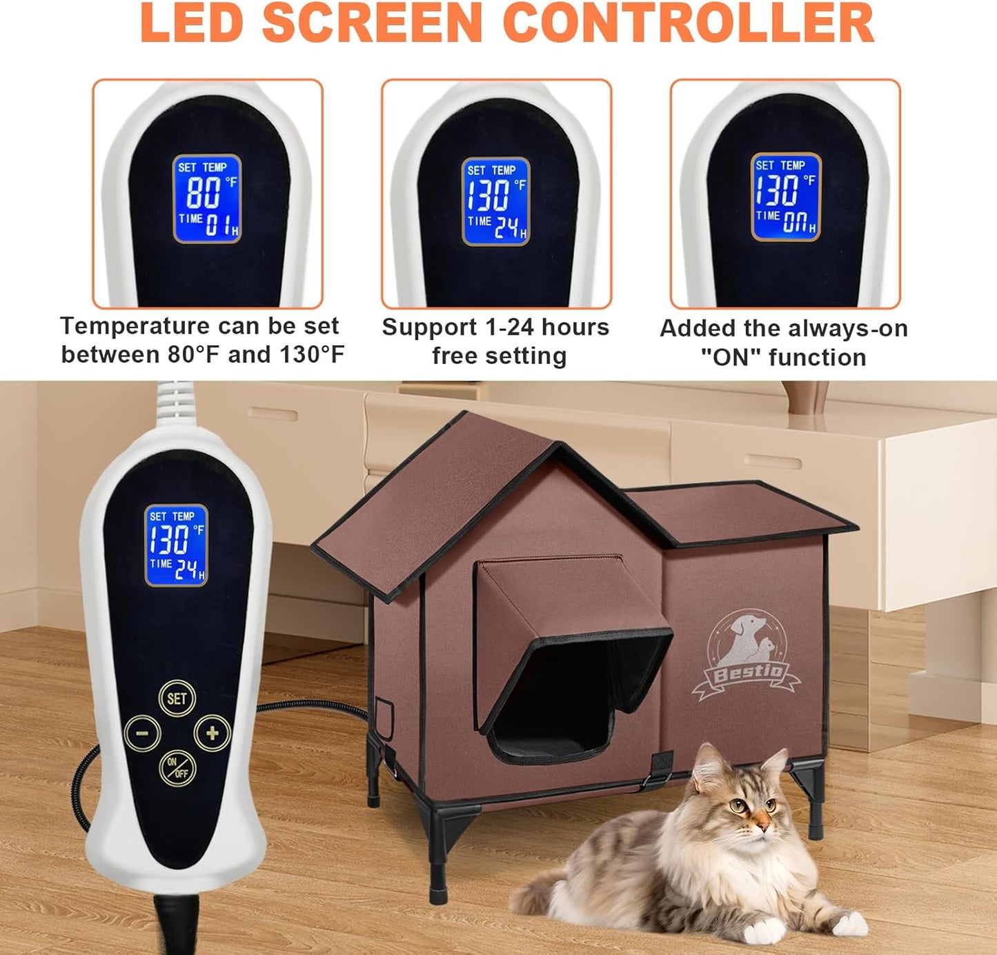 Large Heated Cat House for Outside 21x17x17 in with Elevated Base Cat-Attracting Eave Design Feral Stray Shelter,Intelligent Controller and Waterproof Cat Heated House Shelter for Outdoor