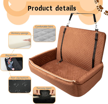 Large Dog Car Seat Under 60 lbs or 2 Small Dogs,Dog Bed for Car Back Seat with Seat Belt Fixation,The Seat Fabric Soft and Comfortable,Size is 31.5in x 20in x 21.5in,Removable and Washable.(Brown)