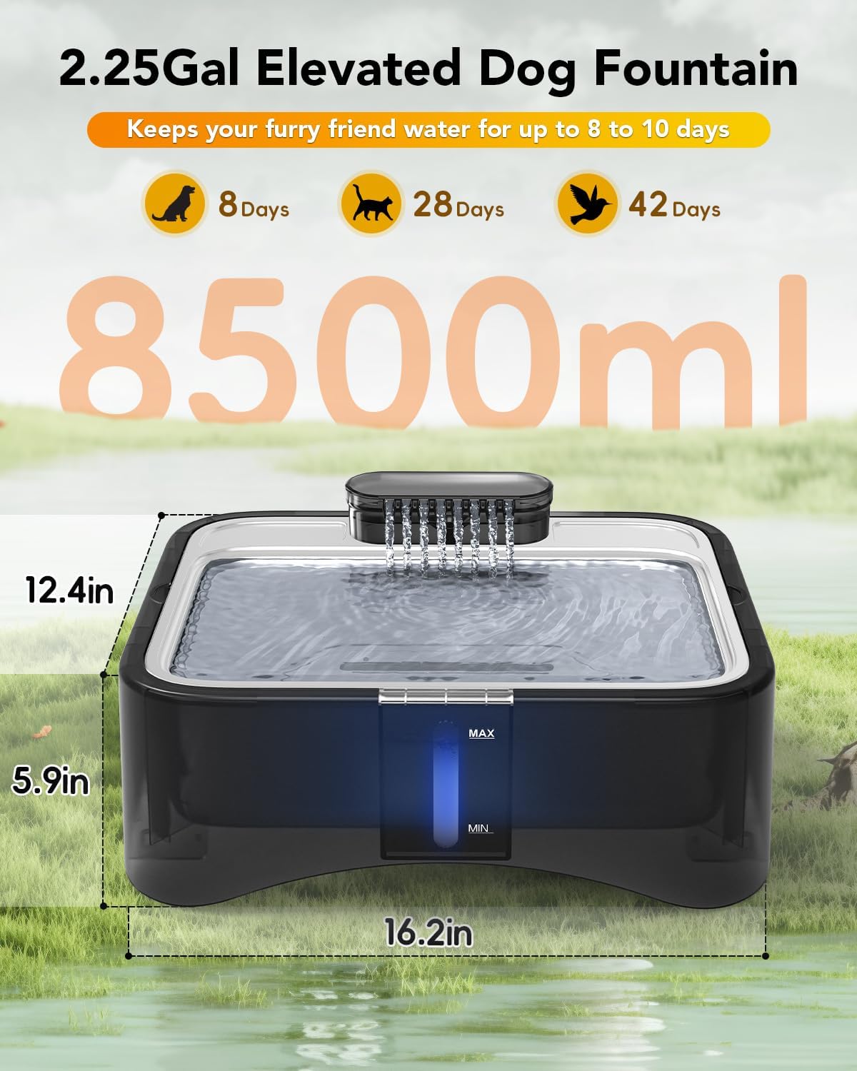 UPSKY Slow Feeder Dog Bowl，2.25Gal Elevated Dogs Water Fountain, 4 Heights Adjustable Pet Fountain for All Dog Sizes