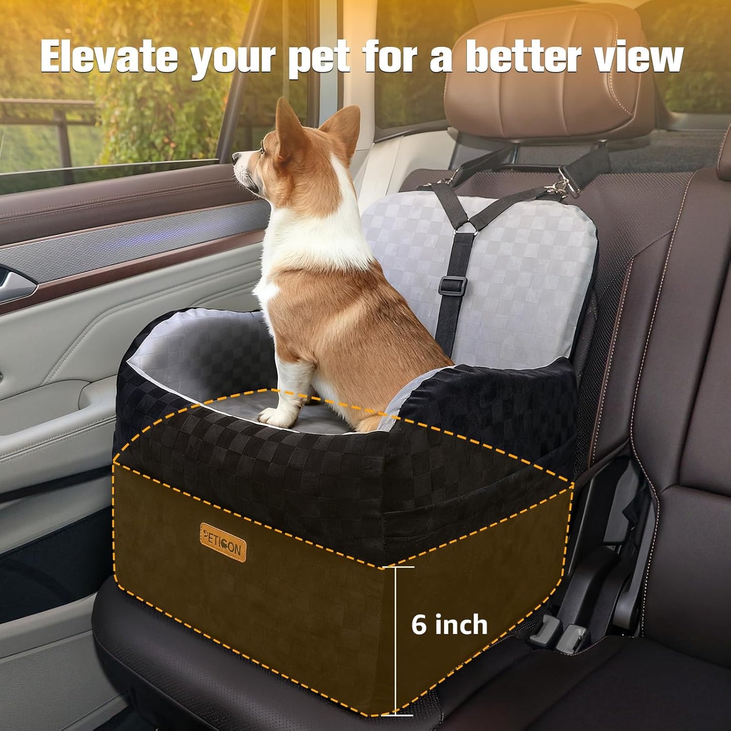 PETICON Waterproof Dog Car Seat for Small Medium Dogs, 6in Memory Foam Pet Booster Seat for Dogs up to 35 lbs with Pockets, Detachable Washable Pet Carseat with Y-Shape Safety Belt