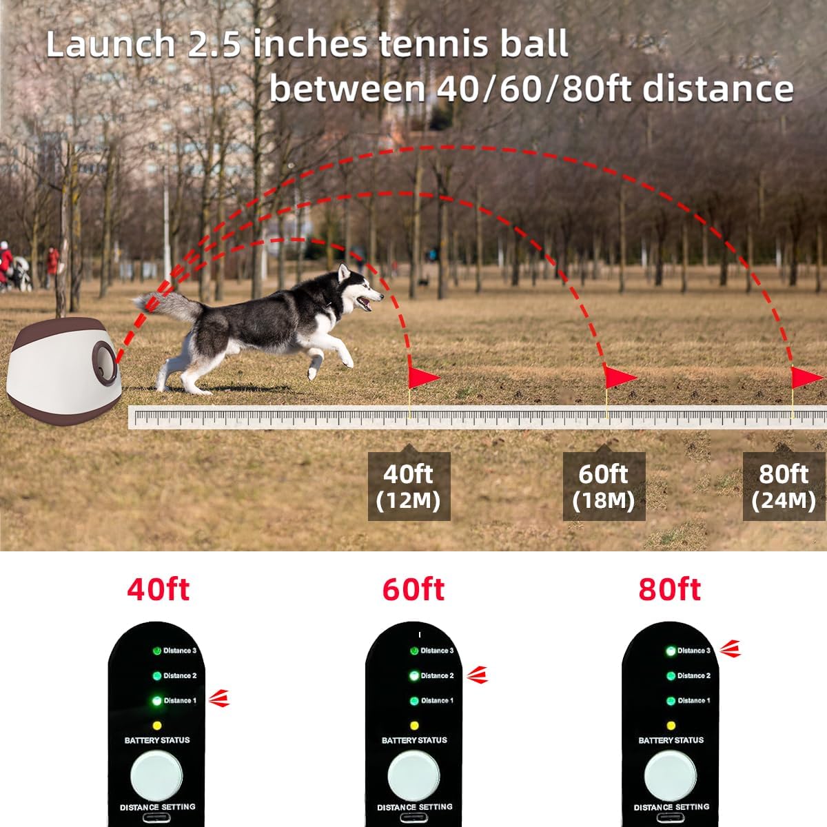 AutoDog Ball Launcher - Large Silent Dog Ball Thrower with Remote Control, 3 Adjustable Distances (40t/60ft/80ft), Rechargable,Includes 6 Durable 2.5" Balls for Medium/Large Dogs (Blue -, Large)
