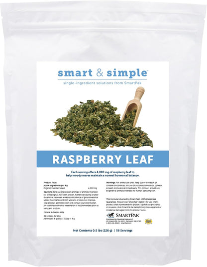 Smart & Simple Raspberry Leaf | Horse Moody Mare Supplement | Organic Whole Leaf | Single Ingredient | Equine Supplement | 56 Servings | 0.5 lb Bag