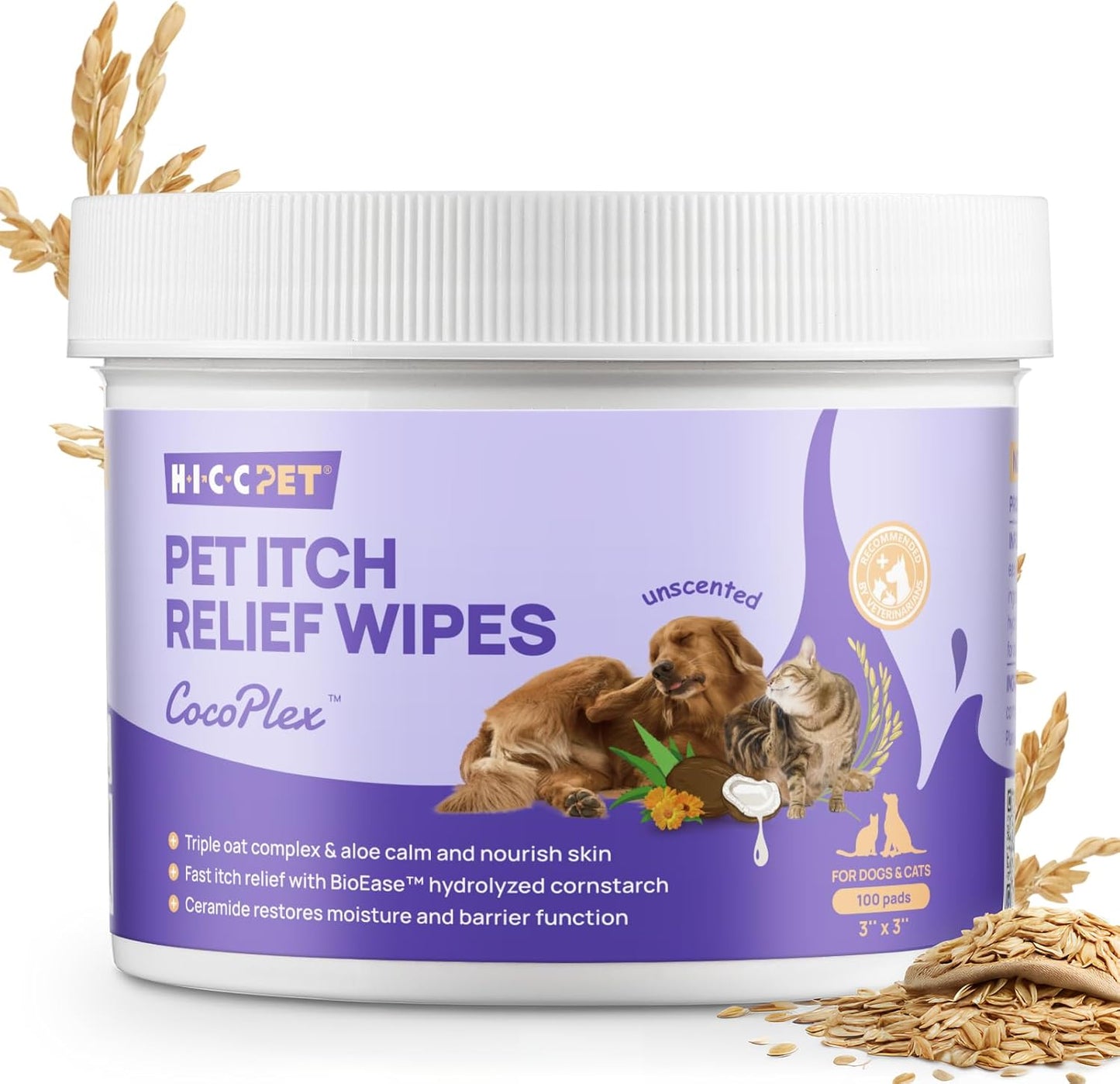 HICC PET Itch Relief Wipes for Dogs & Cats, Rapidly Relieves Itching, Soothes Hot Spots, Skin Irritations and Scratching, Hypoallergenic Hot Spot Treatment Wipes - 100 Count