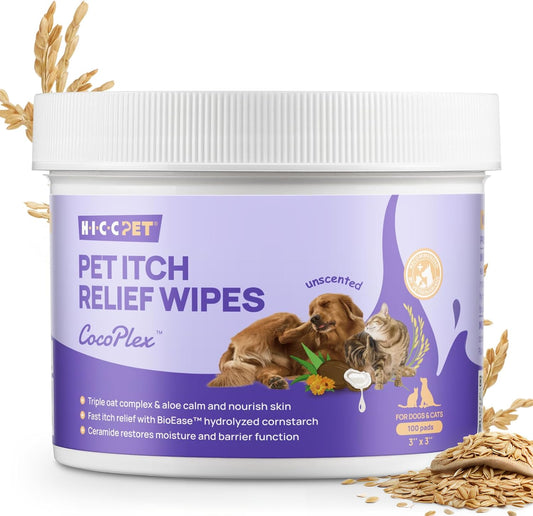 HICC PET Itch Relief Wipes for Dogs & Cats, Rapidly Relieves Itching, Soothes Hot Spots, Skin Irritations and Scratching, Hypoallergenic Hot Spot Treatment Wipes - 100 Count