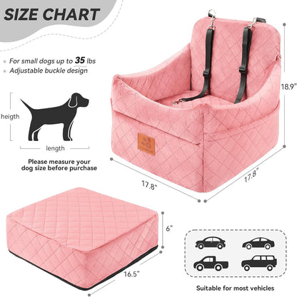 Dog Car Seat for Small/Medium Dogs, Dog Booster Car Seats with Thick Cushion for Dogs Under 35lbs, Detachable Washable Pet Bed with Storage Pockets, 2 Safety Belts (Pink)