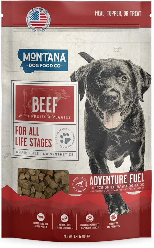 MONTANA DOG FOOD CO. Freeze-Dried Raw Beef Recipe Dog Food – Grain-Free, High-Protein Meal or Topper, Made in USA with USA Ingredients -6.4 oz Bag