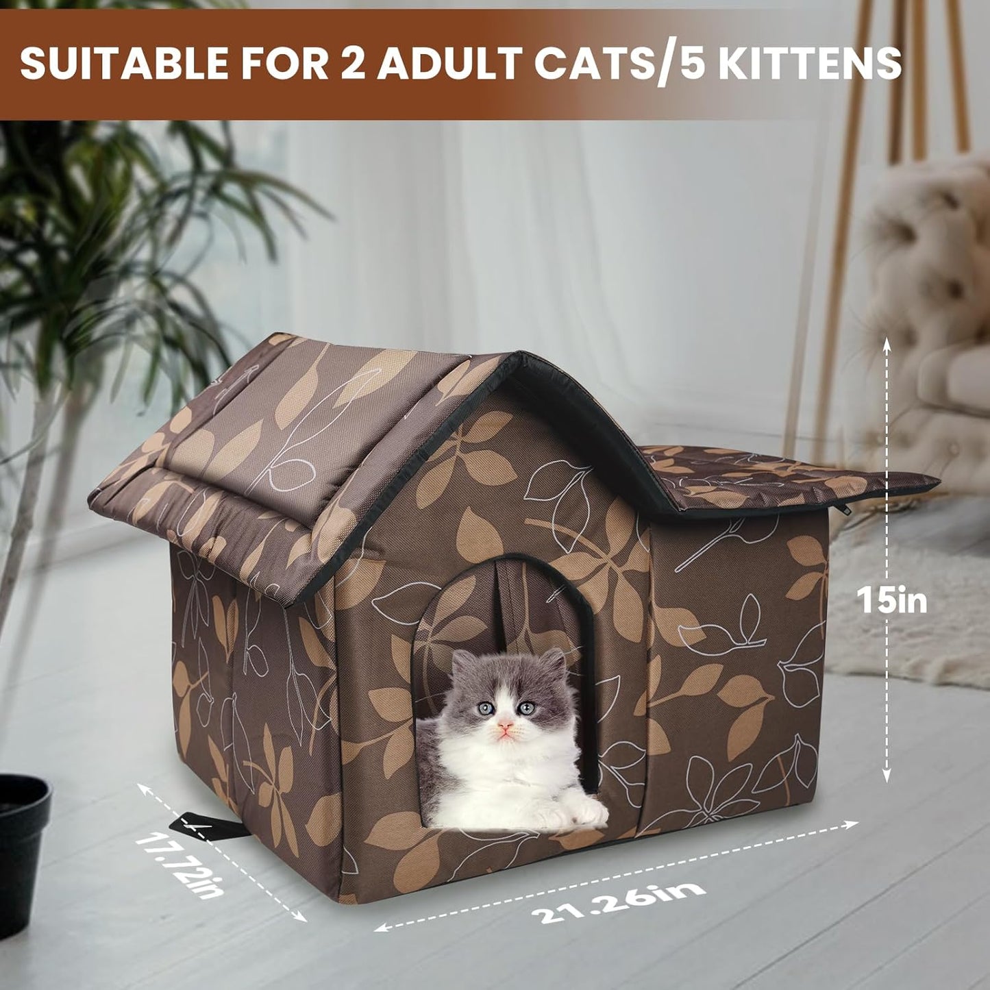Cat House for Outdoor Cats, Outdoor Cat House Weatherproof for Stray Cat Shelter with Mat, Door and Edging Nails, Collapsible, Easy to Assemble (Brown)