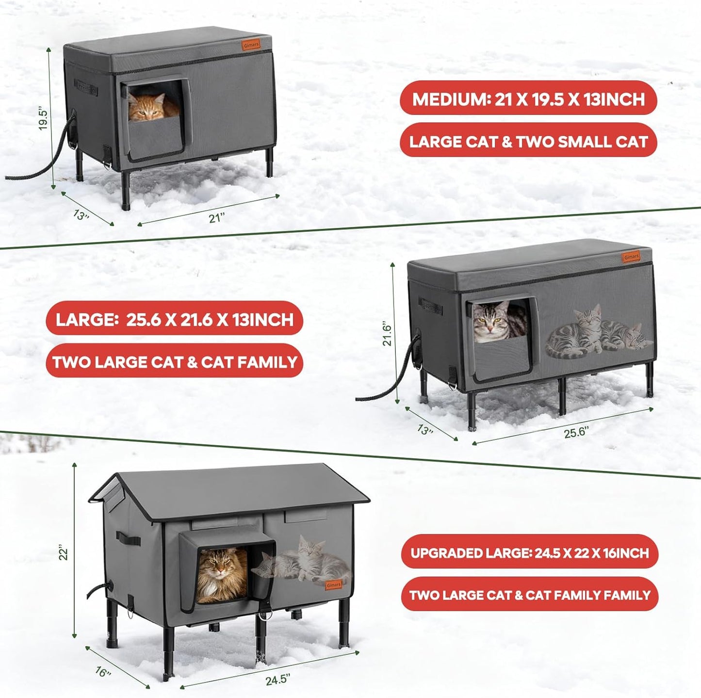 Gimars Upgraded Pitched Roof Indestructible Heated Cat House for Outdoor Cat with Safe Escape Door, 100% Weatherproof Winter Cat Shelter 5.1" Elevated Insulated Stray Feral Cat House with Soft Heater