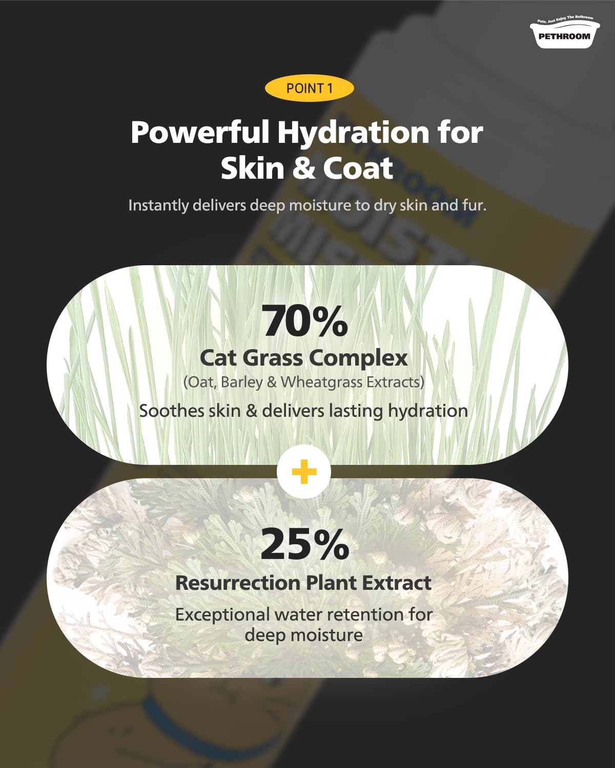 PETHROOM] Unscented Cat Moisture Mist – Natural Leave-In Conditioner Spray for Cats – 95% Plant Extracts– Hydrating, Detangling, Static & Dander Control, 100% EWG Green