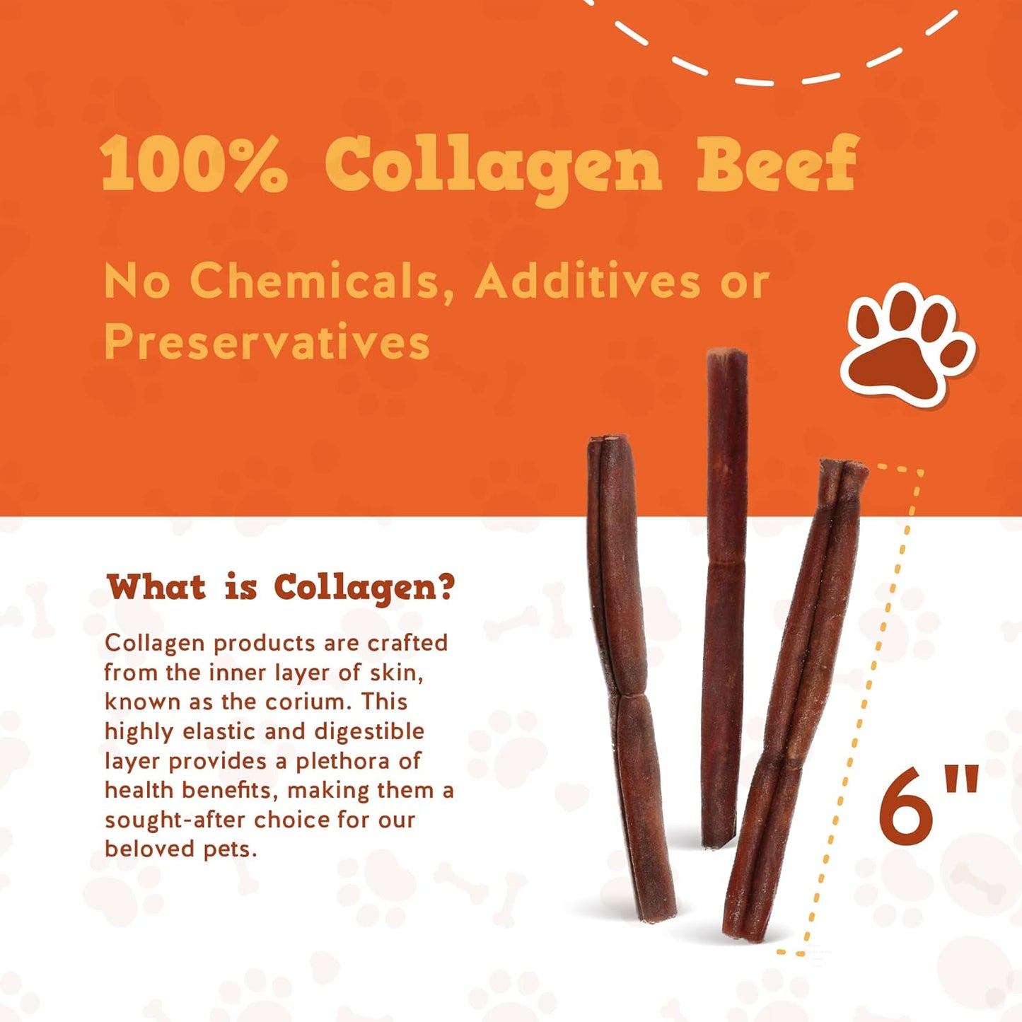 Jack&Pup 6" Beef Collagen Sticks for Dogs | Rawhide Free Dog Chews Long Lasting | Single Ingredient Healthy Dog Treats for Medium Dogs | Bully Stick Alternative (4 Pack)