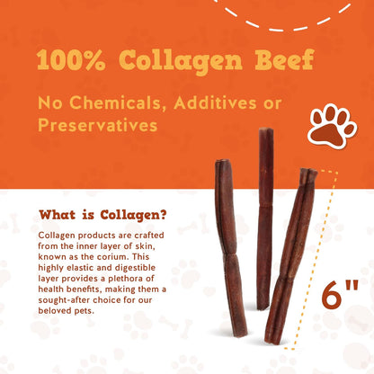 Jack&Pup 6" Beef Collagen Sticks for Dogs | Rawhide Free Dog Chews Long Lasting | Single Ingredient Healthy Dog Treats for Medium Dogs | Bully Stick Alternative (4 Pack)