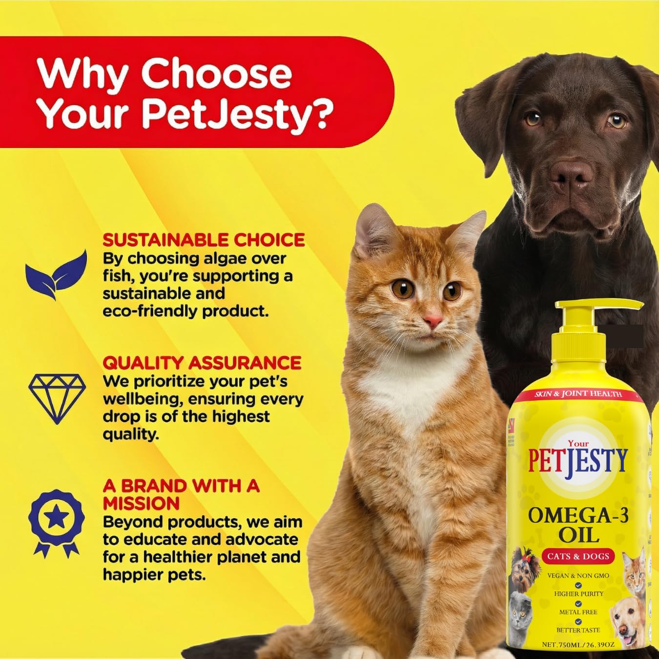 PetJesty Pure Omega 3 Oil for Dogs & Cats 26.39oz - Omega 3 Skin & Coat Support- Liquid Food Supplement for Pets - Vegan pet + DHA for Joint Function, Immune & Heart Health, Non Fish Oil Dog and Cat