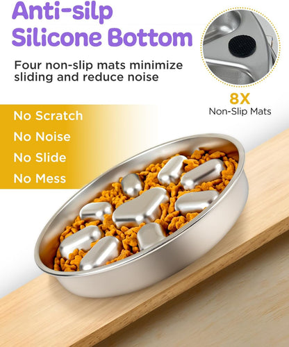 Slow Feeder Dog Bowls with Non-Slip Mat, Stainless Steel Metal Slow Feeder for Small & Medium Dogs, 2 Cups Pet Bowl for Fast Eaters, Slows Down Eating, Dishwasher Safe, Anti-Gulping Dog Bowl