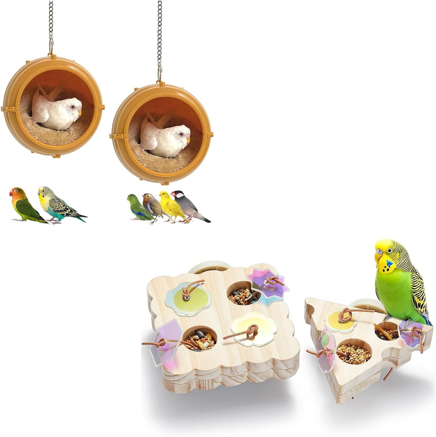 2pcs Bird Nest for Cage Swing, Chewproof Small Bird Bed Hanging House Hut & 2Pcs Wooden Small Bird Foraging Toys, Interactive Parakeet Foraging Toys for Cage, Bird Enrichment Toys
