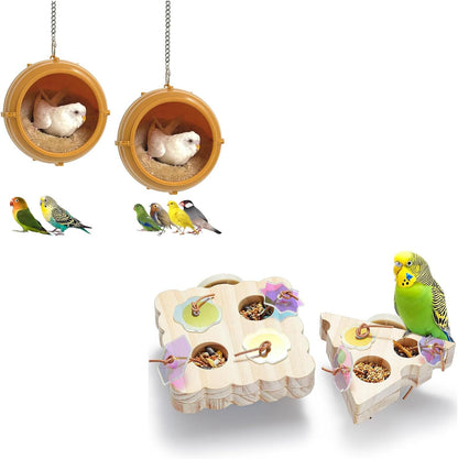 2pcs Bird Nest for Cage Swing, Chewproof Small Bird Bed Hanging House Hut & 2Pcs Wooden Small Bird Foraging Toys, Interactive Parakeet Foraging Toys for Cage, Bird Enrichment Toys