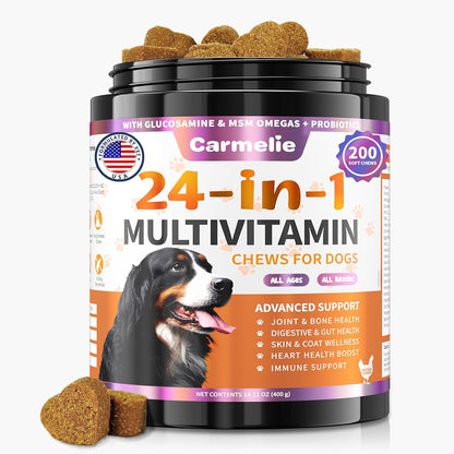 Dog Vitamins, 24 in 1 Dog Vitamins and Supplements 200 Chews with Glucosamine Probiotics Omega-3 Dog Multivitamins Chewable for Hip & Joint, Skin & Coat, Immune Health, Digestive (Chicken)