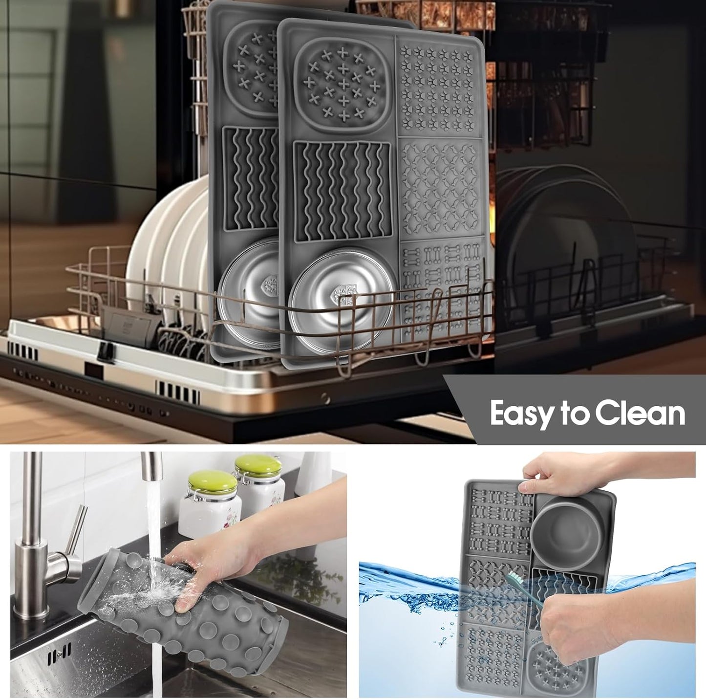 Dog Lick Mat for Small Dogs Cats, 13.8 x 9 Inches Silicone Slow Feeder Dog Licking Mat with Bowls, Peanut Butter Feeding Mat for Anxiety Relief, Reduce Boredom, Improve Eating Habit (Grey)