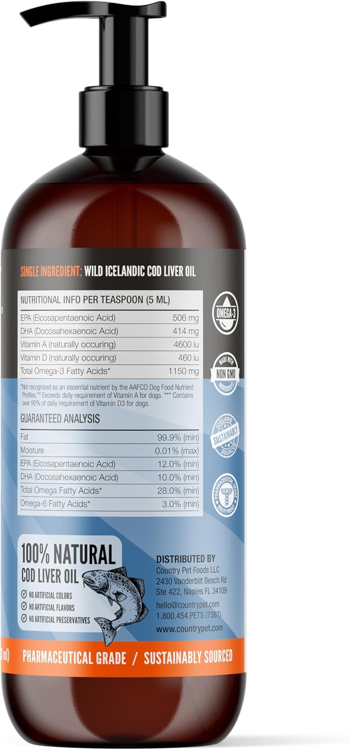 Wild Caught Pure Cod Liver Oil 16oz Highest Omega 3 1150mg/tsp, Highest Purity, High EPA/DHA, Vitamin A & D - Reduces Itching, Healthy Skin & Coat, Mobility, BPA-Free, Pump incl.