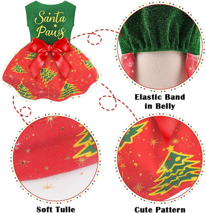Dog Christmas Outfit Cute Dog Christmas Dress with Bowknot Tulle Puppy Clothes for Small Medium Dogs Cats Boys Girls Pet Costume