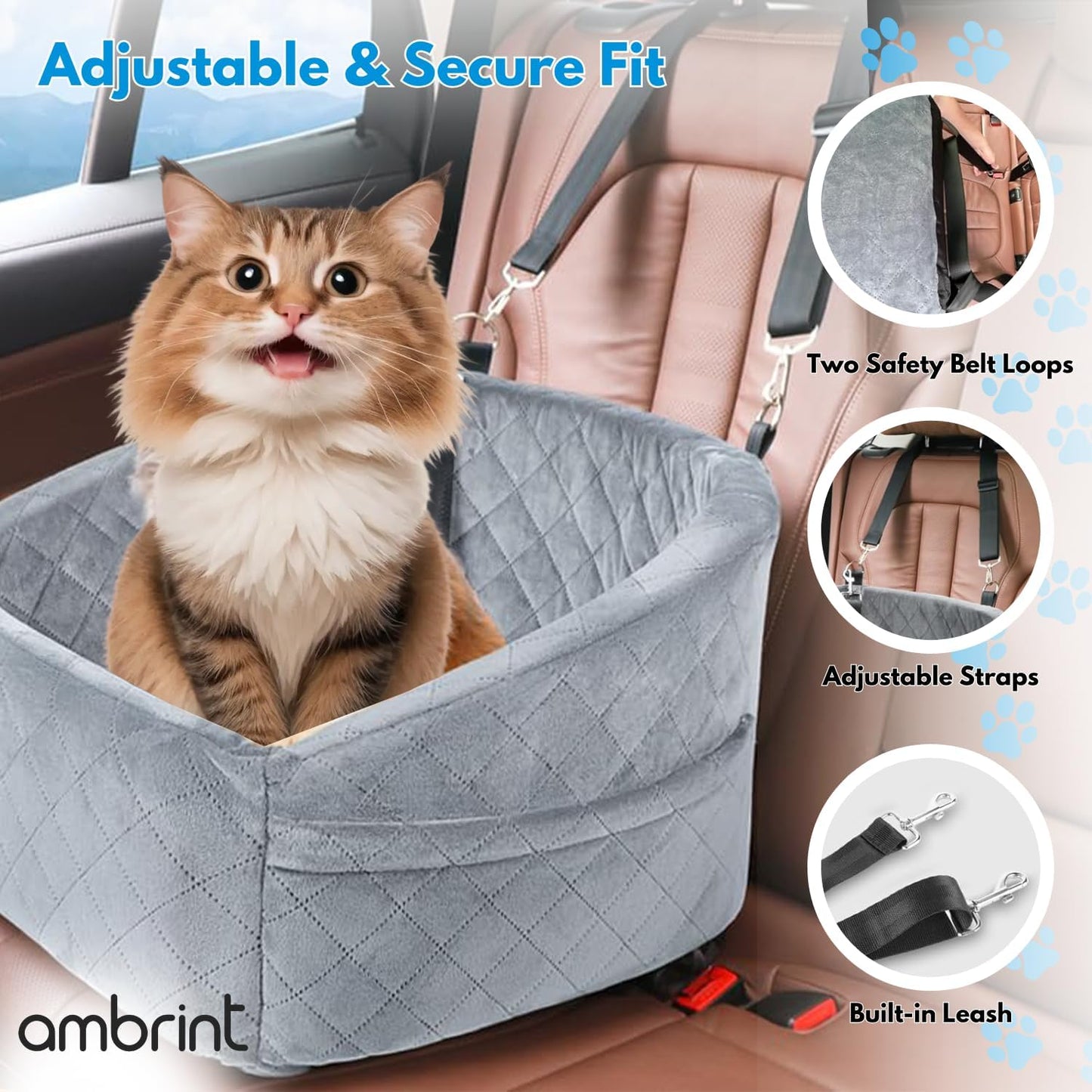 Dog Car Seat for Small Medium Sized Dogs & Cats – Booster Seat with Safety Belt, Non-Slip Bottom, Washable Bed, Storage Pockets – Pet Car Seat for Dogs/Puppy Cats Under 5-35 lbs (Grey)