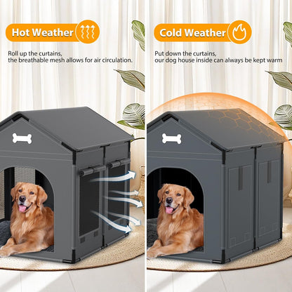 Extra Large Dog House Indoor with Plush Cushion, Dog Kennel for Inside with Sturdy Frame, Waterproof Pet House Suitable for Medium Large Dogs, 34x27x34in, Gray