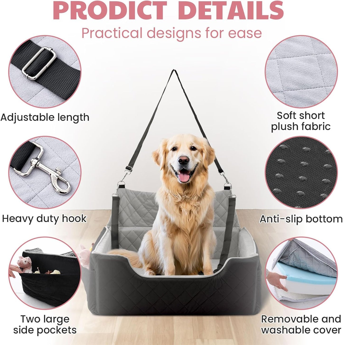 Dog Car Seat for Large/Medium Dogs, Dog Booster Seat for Under 50lbs or 2 Small Dogs, Non-Slip Removable and Washable Pet Car Seat,2 Safety Leashes, Travel Pet Bed, Black