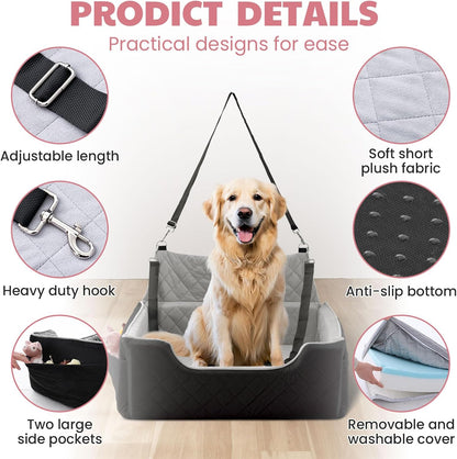 Dog Car Seat for Large/Medium Dogs, Dog Booster Seat for Under 50lbs or 2 Small Dogs, Non-Slip Removable and Washable Pet Car Seat,2 Safety Leashes, Travel Pet Bed, Black