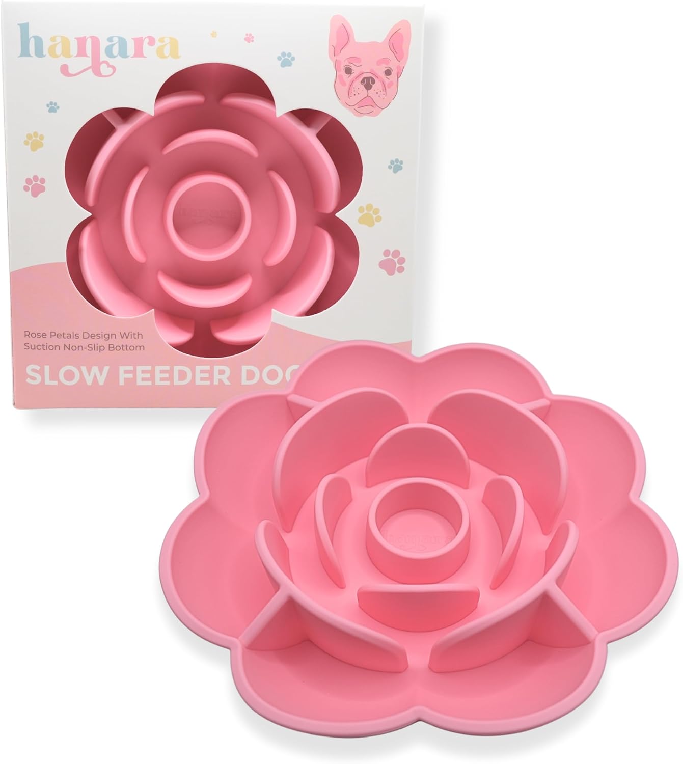Hanara Sillicone Slow Feeder Dog Bowls & Lick Mat with Suction Bottom | Rose Petals Design | Promotes better digestion, prevent choking | Dish Washer Safe | Great Size For All Breed (Rose Quartz Pink)