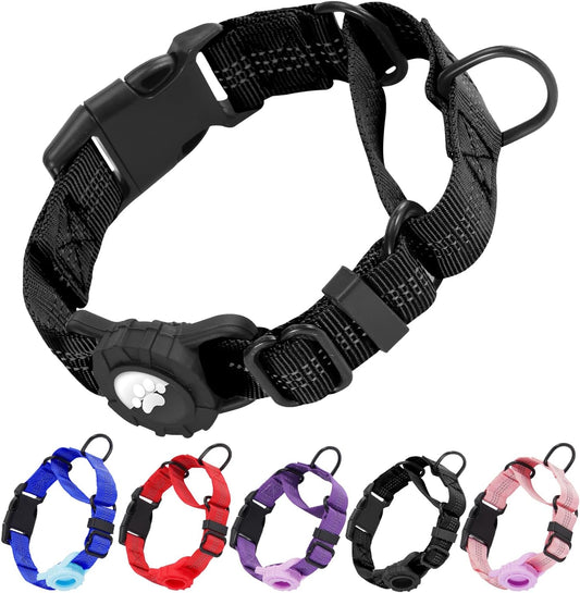 Martingale Dog Collar with AirTag Holder, Reflective Nylon, Quick Release Buckle, No Pull Pet Training Collars for Small Medium Large Dogs (Black, X-Large)