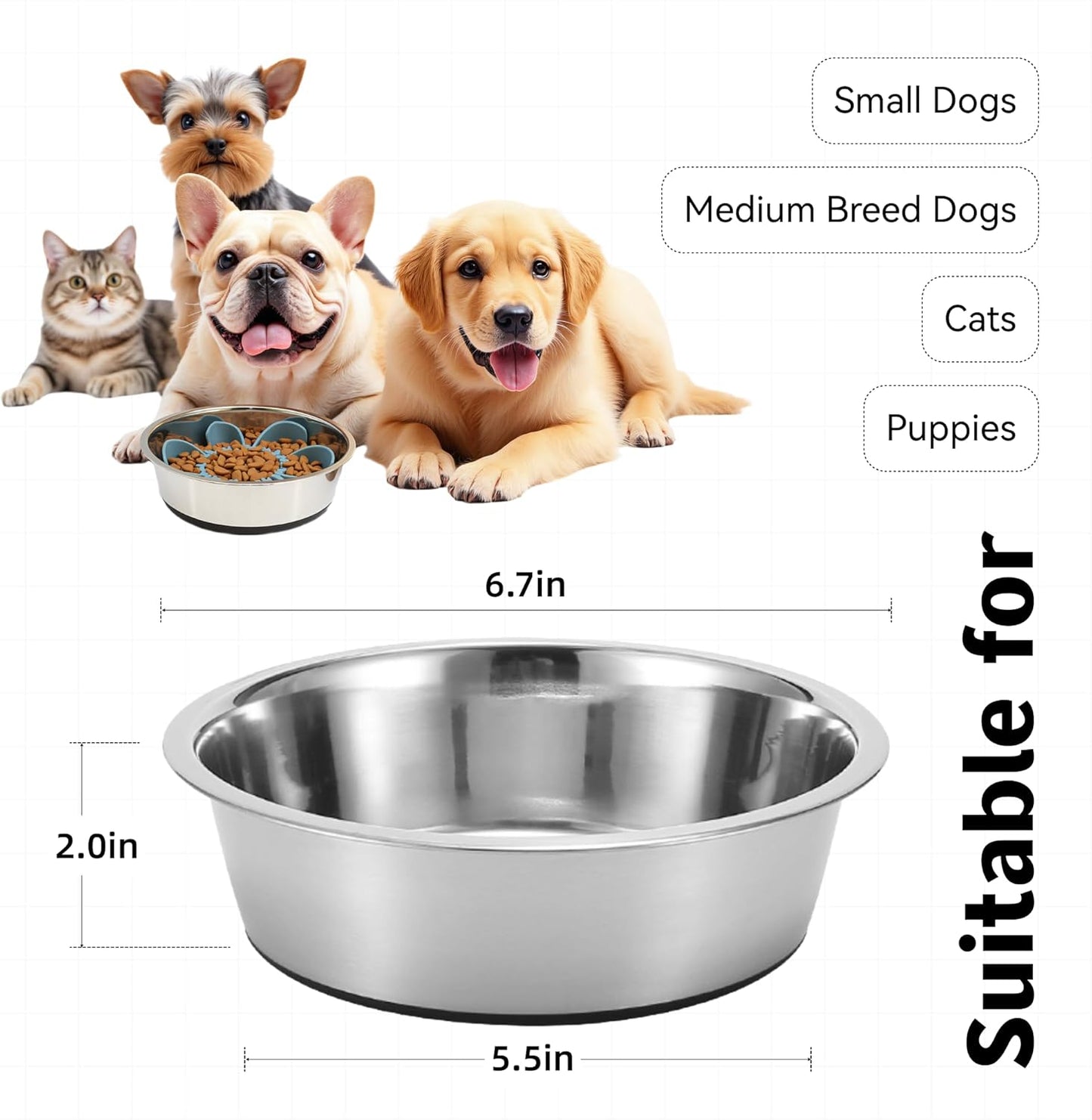 2 in 1 Slow Feeder Dog Bowl with Removeable Silicone Feeder Insert, Stainless Steel Pet Bowl, Non-Slip Rubber Base for Small Medium Dog Cat (3.2 Cups)