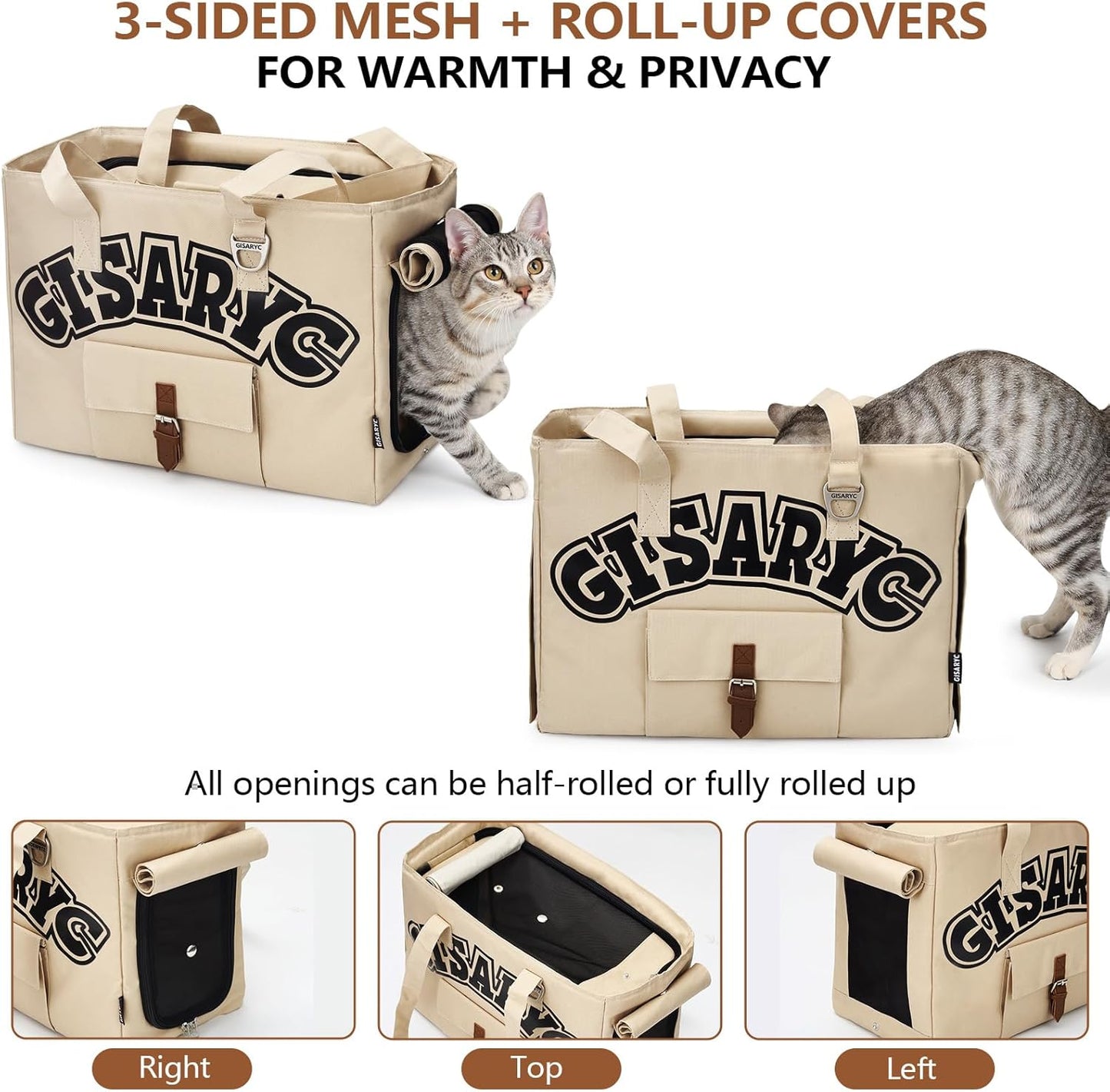 Dog Purse Carrier for Small Dogs, Cats and Puppies – Soft-Sided Foldable Pet Travel Bag with Multi Pockets, 3-Sided Mesh & Rollable Cover for Nervous Cats, Fits Pets up to 15 lbs (Beige)