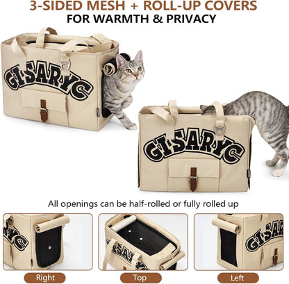 Dog Purse Carrier for Small Dogs, Cats and Puppies – Soft-Sided Foldable Pet Travel Bag with Multi Pockets, 3-Sided Mesh & Rollable Cover for Nervous Cats, Fits Pets up to 15 lbs (Beige)