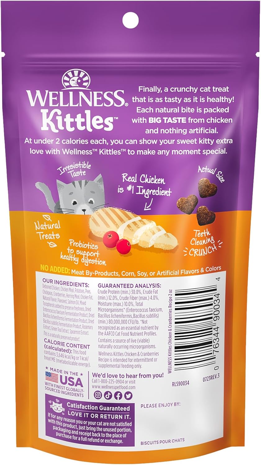 Wellness Kittles Crunchy Natural Grain-Free Cat Treats, Chicken & Cranberry, 2-Ounce Bag