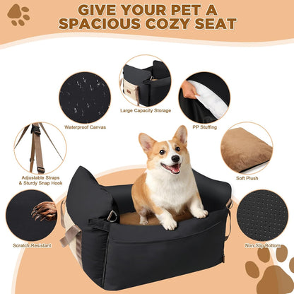 Small Dog Car Seat, Waterproof Pet Booster Seat for Car with Side Handles and a Storage Pocket, Clip-On Safety Leash and PP Cotton Filling, Vehicle Bed for Small to Medium Dogs up to 25lbs (Black)