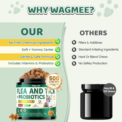 Flea & Tick Prevention for Dog and Cat, 500 Crunchy & Creamy Flea Chews+ Flea & Tick Support Drops - Skin & Coat Support - Fleas & Tick Supplement for Dogs Cats Kittens