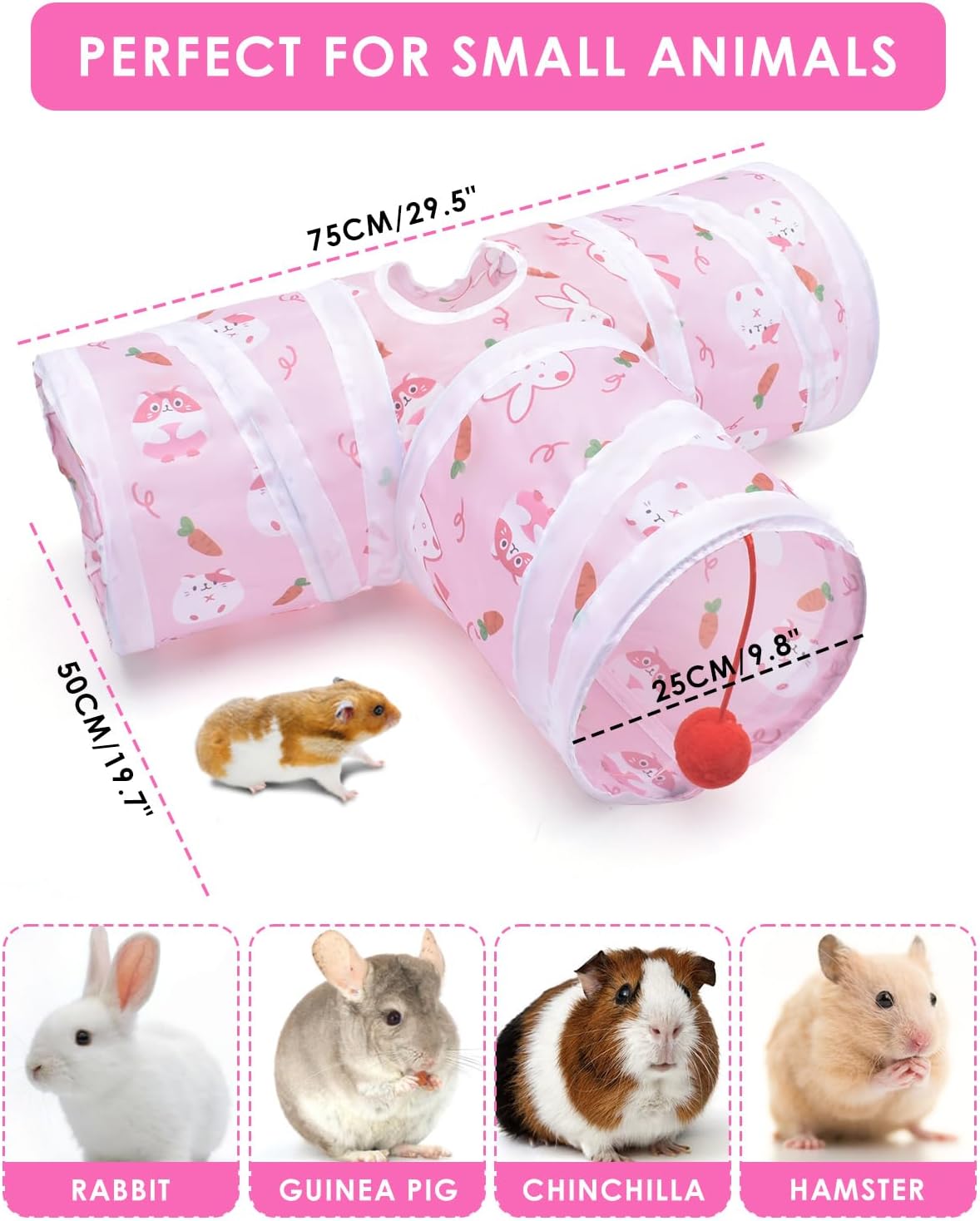 Bissap Rabbit Tunnel, 9.8'' Collapsible Bunny Tunnel and Tube 3 Ways Pet Hideout with 1 Play Ball for Indoor Kittens Dwarf Rabbits Bunnies Guinea Pigs Chinchillas Small Animal Activity Fun Toys (Pink)