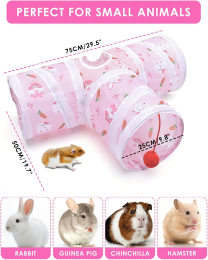 Bissap Rabbit Tunnel, 9.8'' Collapsible Bunny Tunnel and Tube 3 Ways Pet Hideout with 1 Play Ball for Indoor Kittens Dwarf Rabbits Bunnies Guinea Pigs Chinchillas Small Animal Activity Fun Toys (Pink)