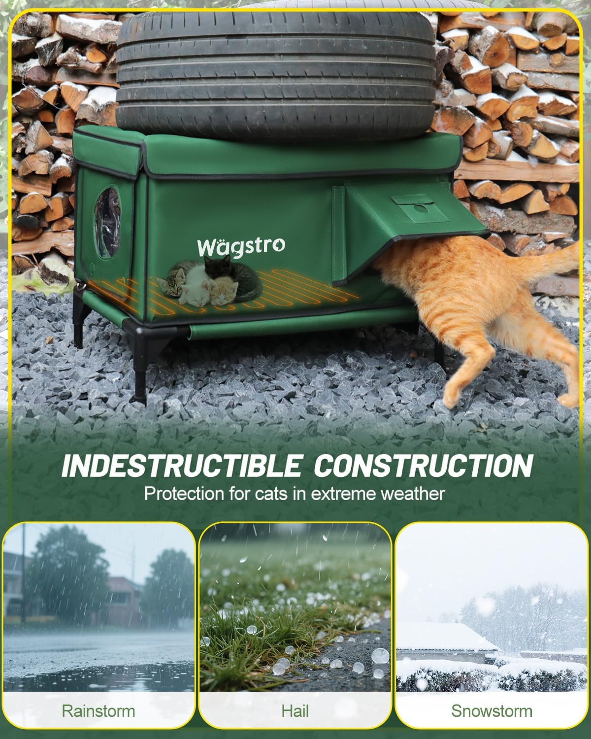 Heated Cat House for Outside, Insulated Weatherproof Heated Outdoor Cat House with Waterproof Eaves & Escape Door, Elevated Outdoor Cat Shelter for Feral Stray Cat (Green, 25.6"x17"x18")
