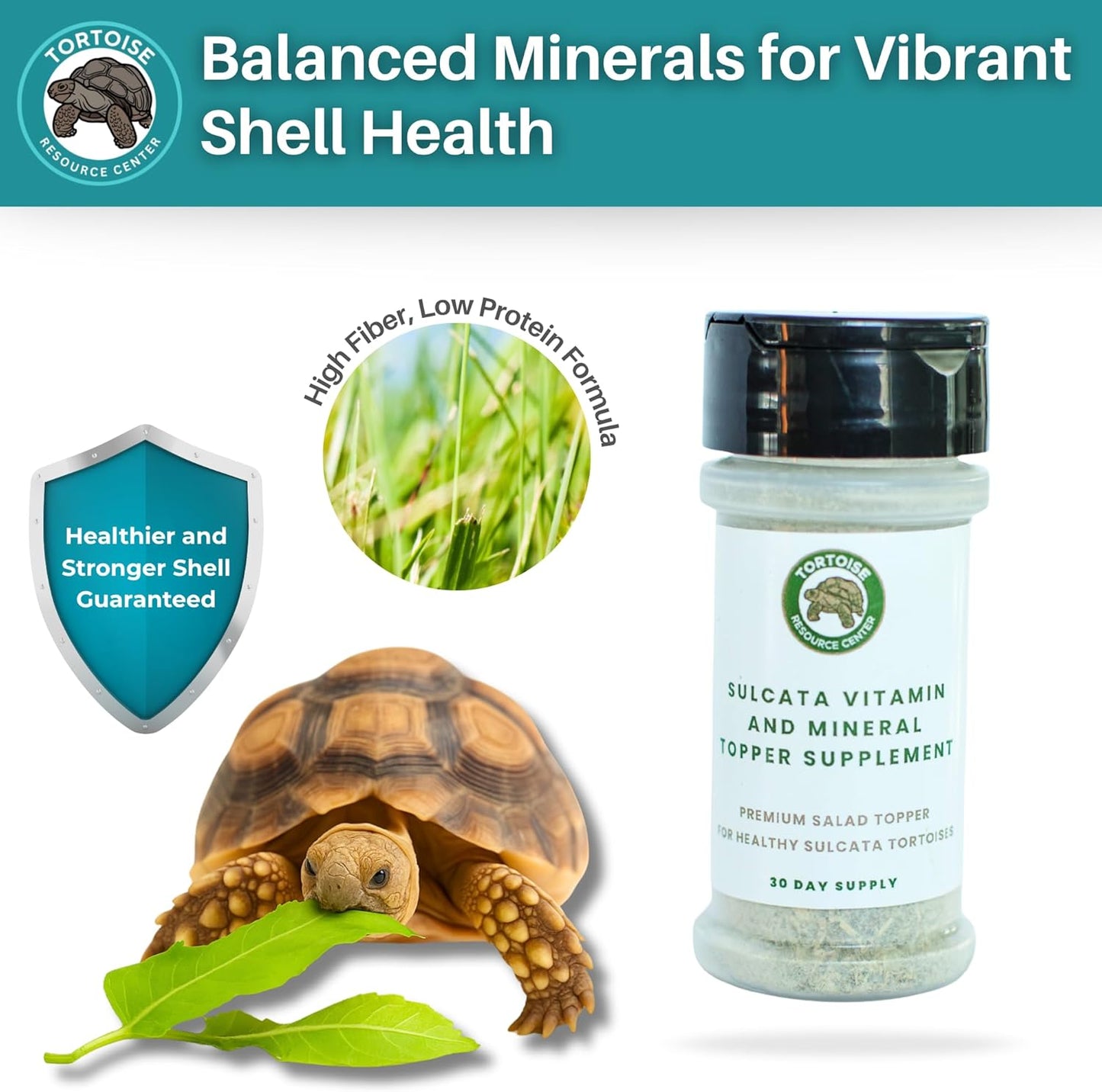 Sulcata Tortoise Calcium, Vitamin and Mineral Topper Supplement | Salad Topper for Baby Sulcata Tortoises | Promotes Health, Immunity and Strong Shell | 30-Day Supply in Easy to Use Shaker