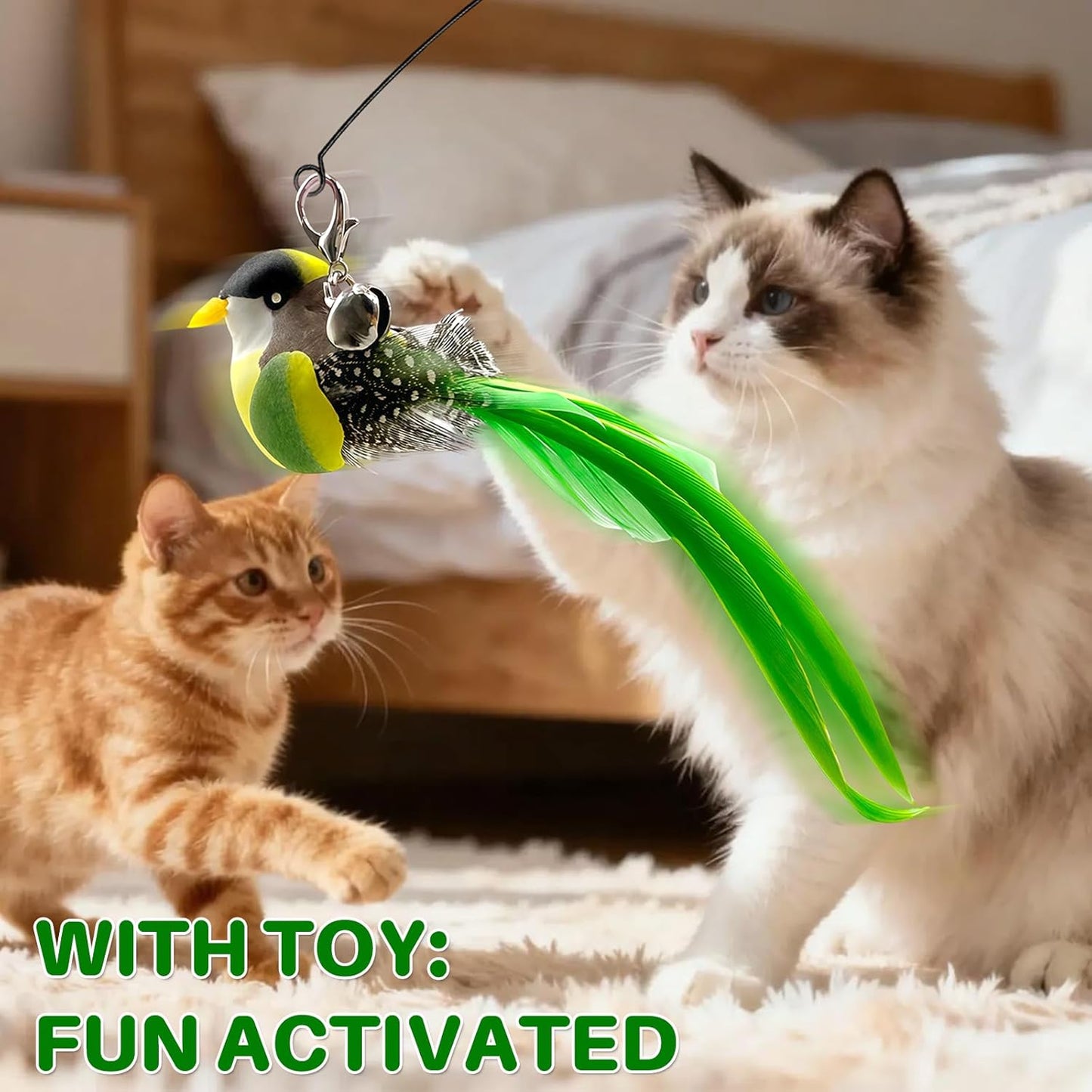 Walfront Cat Toy Interactive Teaser Wand with Green Bird Attachment,Dual-Head Suction Cup Base, Durable Replaceable Feather Lure for Independent Play or Interactive Bonding with Indoor Cats & Kittens
