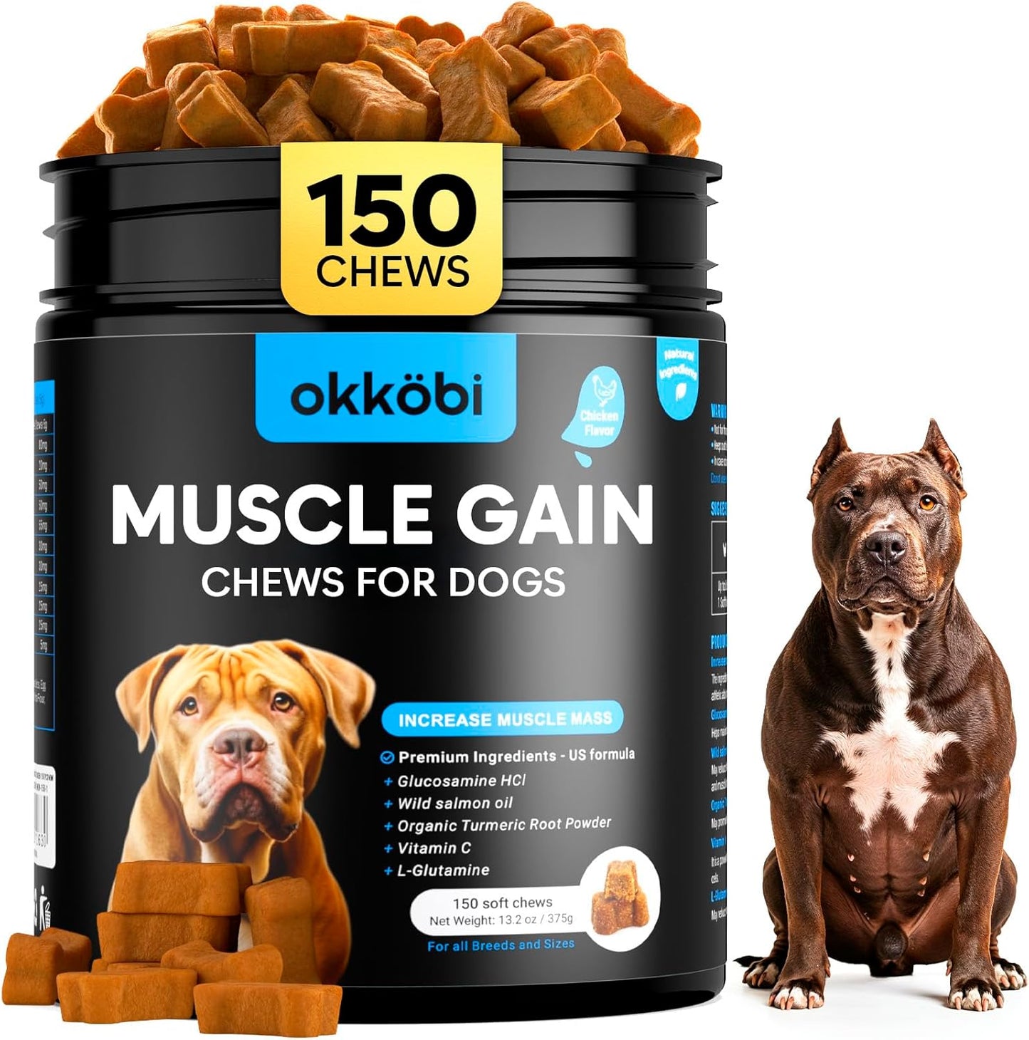 11-in-1 Muscle Gain Chews - Weight Gain Supplements for Dogs with High Protein & Amino Acids - Premium Muscle Builder for Bully & All Breeds - Healthy for Puppies - 150 Chews - Chicken