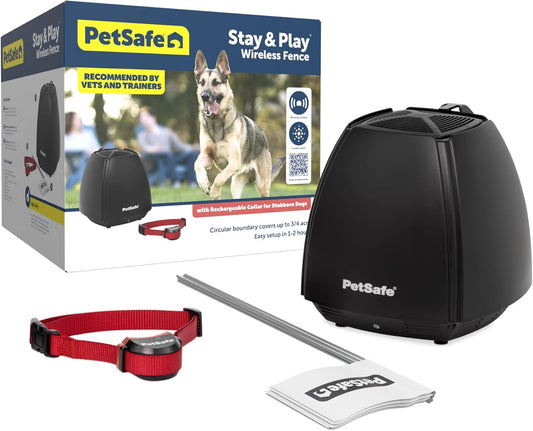 PetSafe Stay & Play Wireless Fence for Stubborn Dogs - America's Safest Wireless Pet Containment System - No Dig Electric Fence with Circular Boundary - Secure 3/4-Acre Yard - for Dogs 5lb+