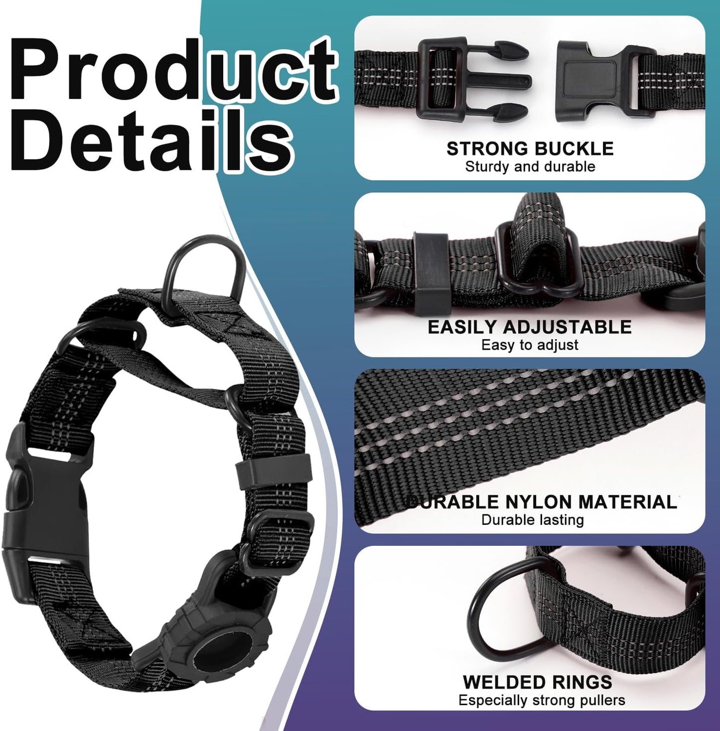 Martingale Dog Collar with AirTag Holder, Reflective Nylon, Quick Release Buckle, No Pull Pet Training Collars for Small Medium Large Dogs (Black, Medium)