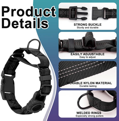 Martingale Dog Collar with AirTag Holder, Reflective Nylon, Quick Release Buckle, No Pull Pet Training Collars for Small Medium Large Dogs (Black, Medium)