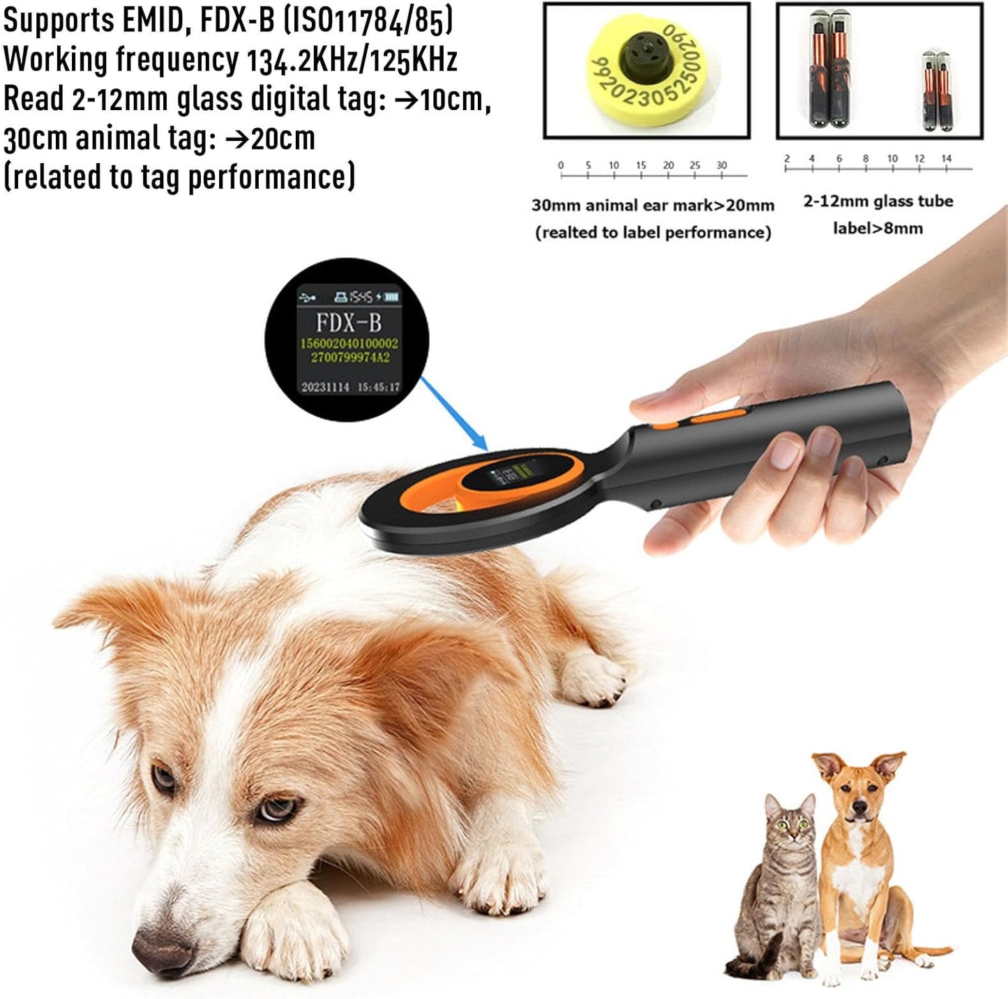 Fafeicy Animal Chip Scanner, EMID FDX B Pet Chip Reader with 1.44 Inch TFT Screen 240 Data Storage, for 134.2KHz 125KHz Glass Digital Tag Reading